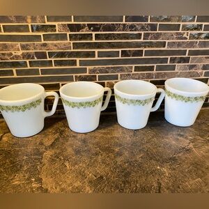 Vintage Pyrex White and Green Crazy Daisy Mugs
